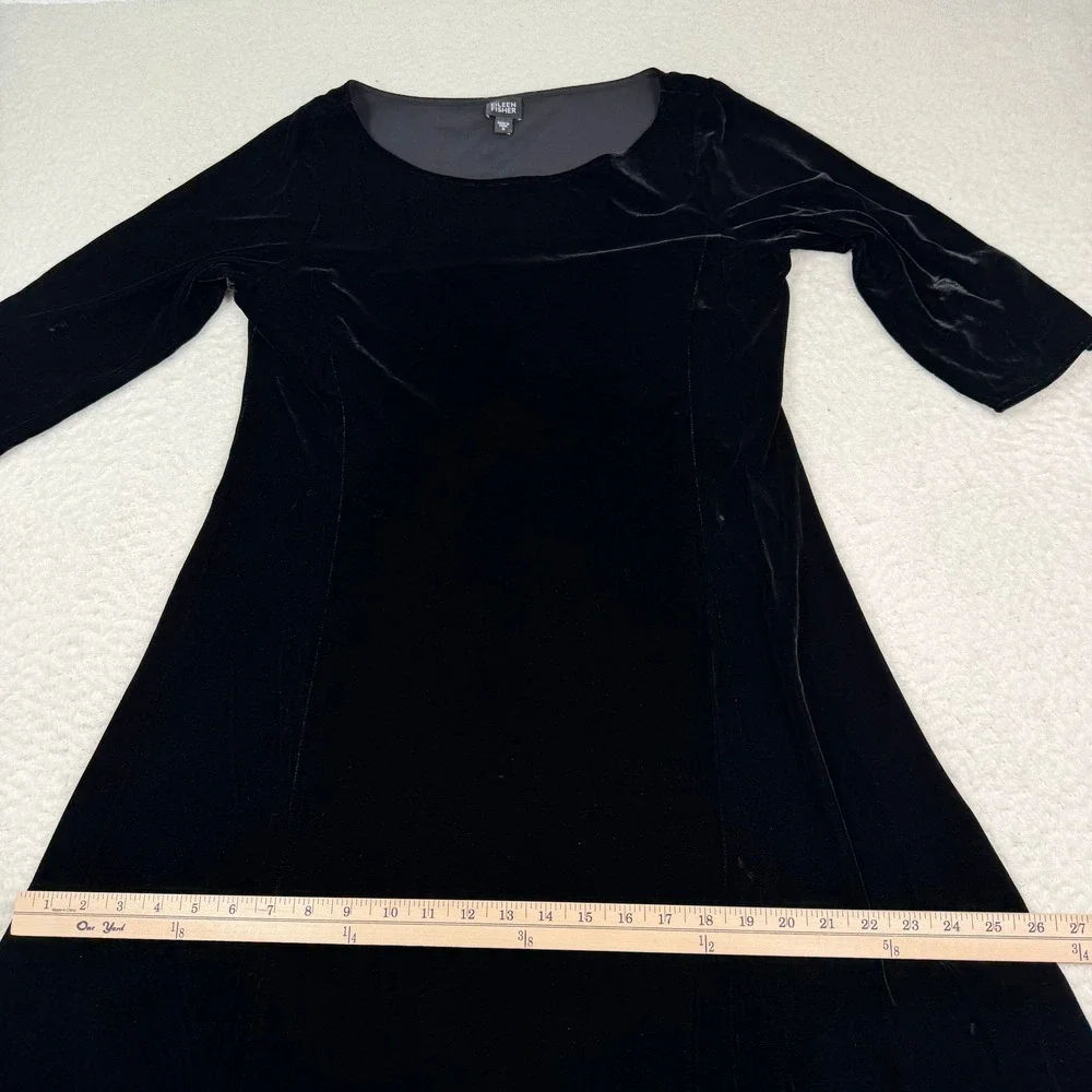 Eileen Fisher Velvet Midi Dress Women S Black Silk Blend 3/4 Sleeve Capsule‎
